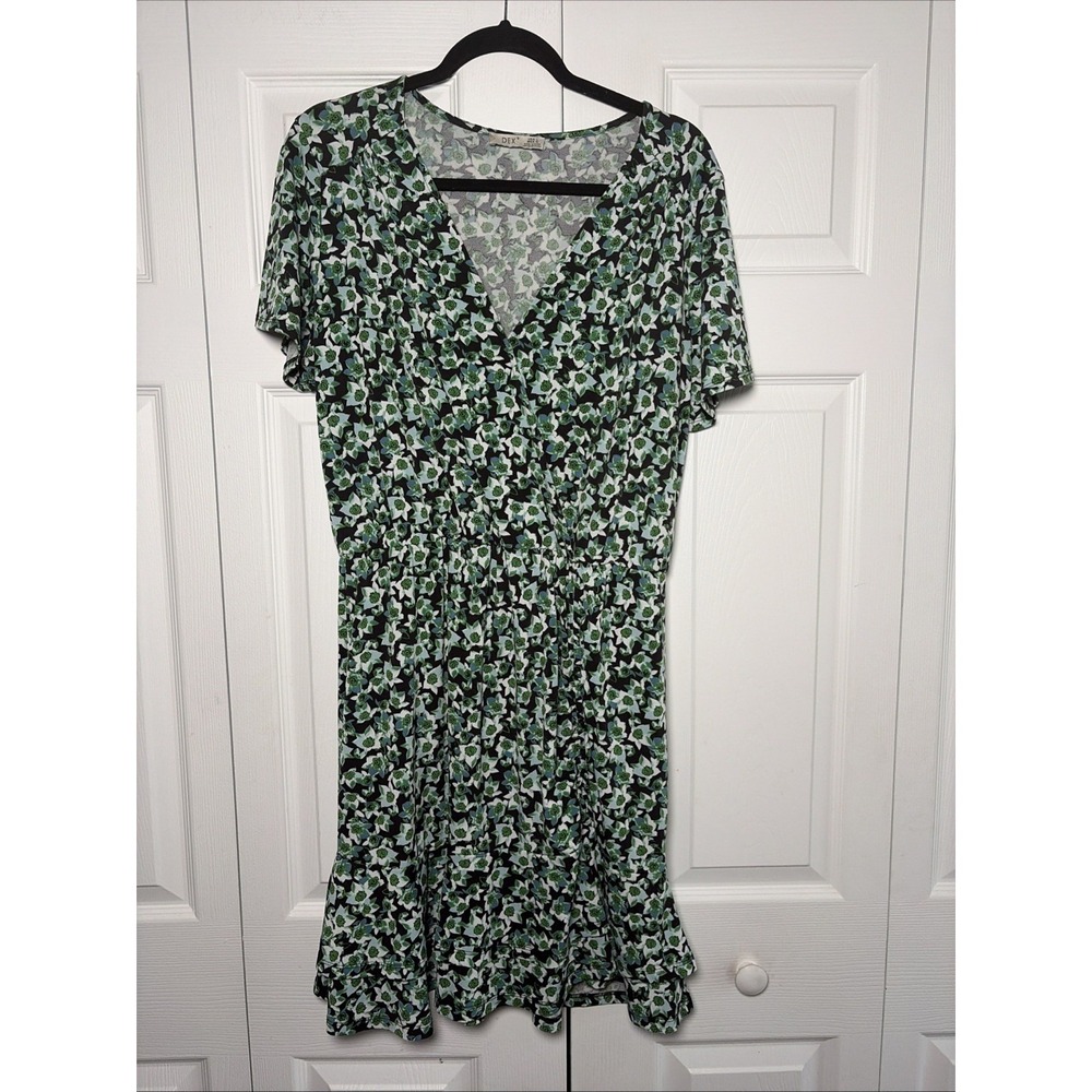 DEX Floral‎ Faux Wrap Ruffle Mini Dress Womens Size L Green Short Sleeve V-Neck